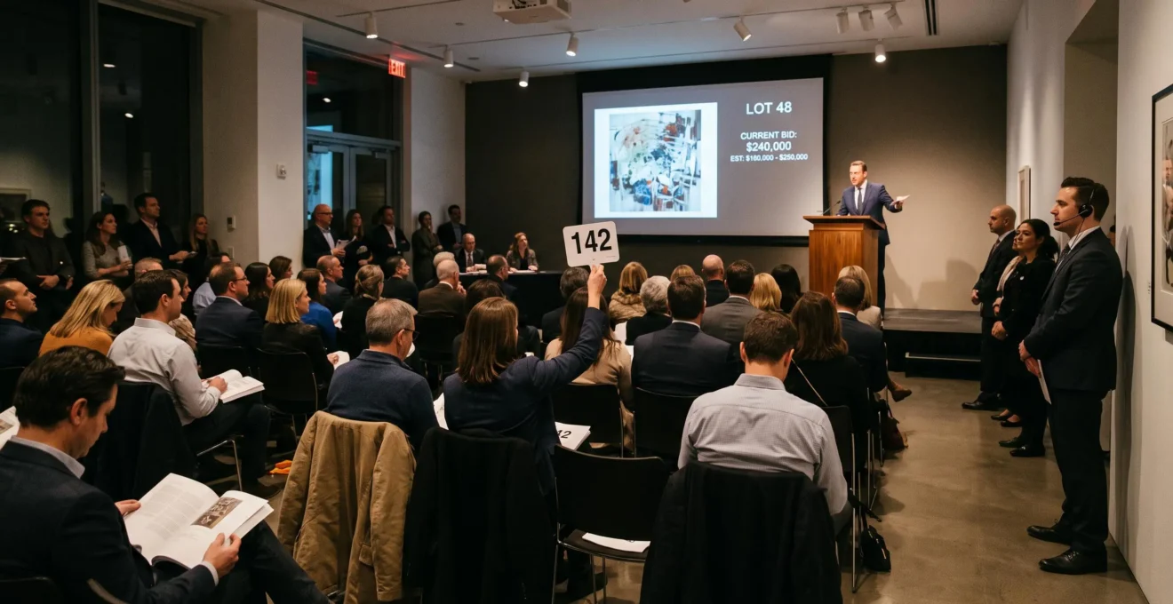 Auctioneer leading a live art auction while a collector raises a numbered paddle in a crowded salesroom
