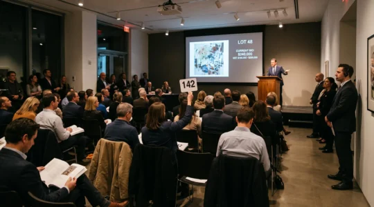 Auctioneer leading a live art auction while a collector raises a numbered paddle in a crowded salesroom
