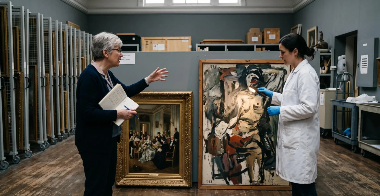 An art historian and a conservator compare two contrasting paintings in a museum storage room, one polished and academic, the other rough and expressive.