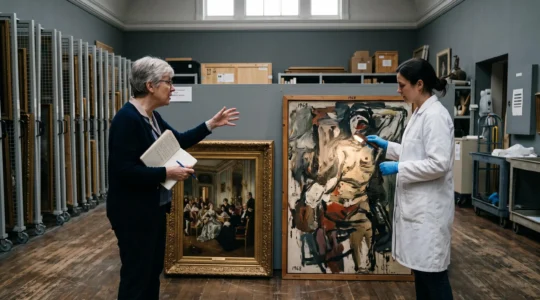 An art historian and a conservator compare two contrasting paintings in a museum storage room, one polished and academic, the other rough and expressive.