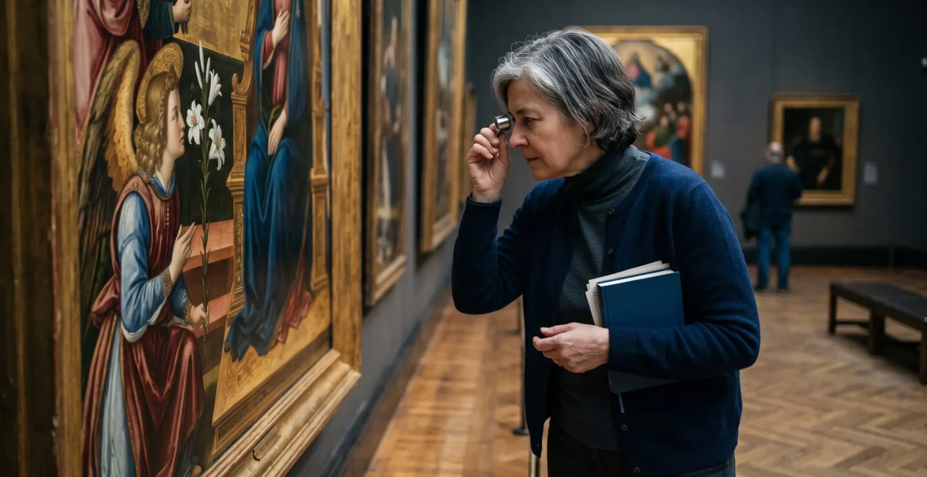 An art historian examines a white lily detail in a Renaissance religious painting with a magnifying loupe in a gallery.