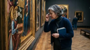An art historian examines a white lily detail in a Renaissance religious painting with a magnifying loupe in a gallery.