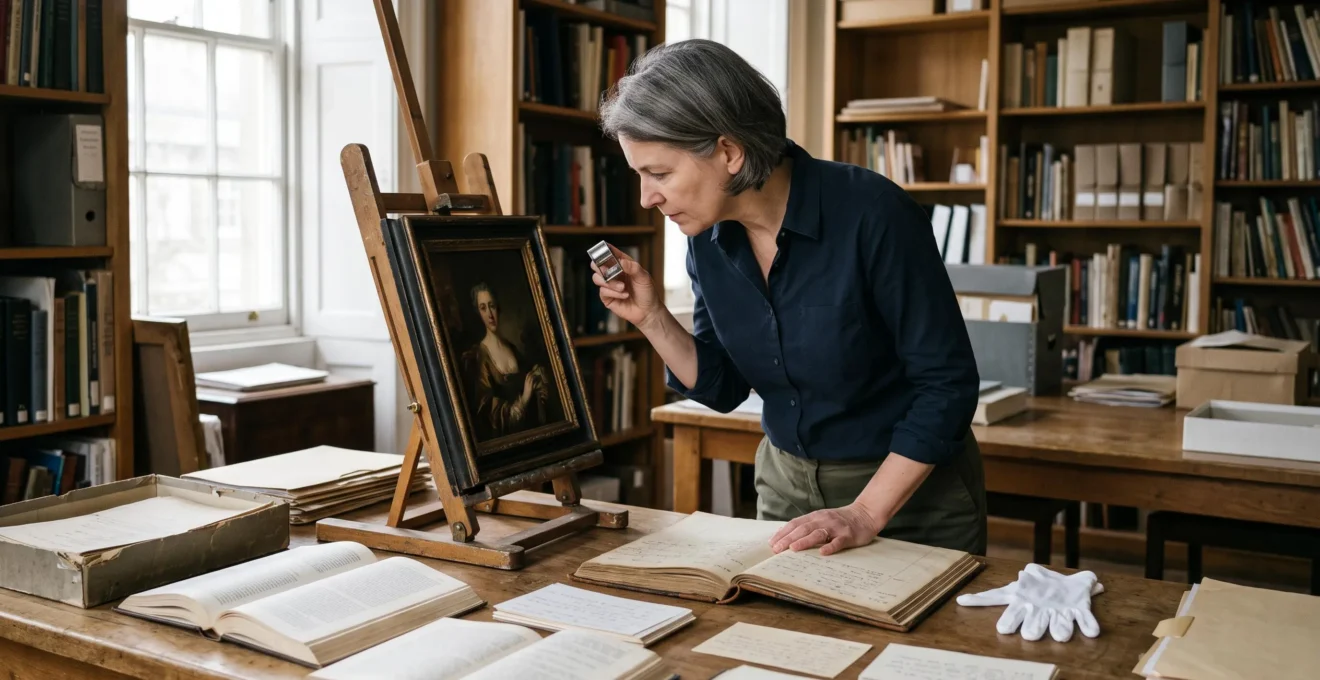 An art historian examines a small classical painting with a magnifying loupe beside open reference books and a handwritten inventory ledger in a museum study room.