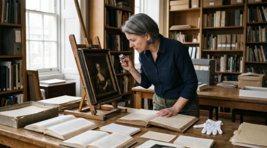 An art historian examines a small classical painting with a magnifying loupe beside open reference books and a handwritten inventory ledger in a museum study room.