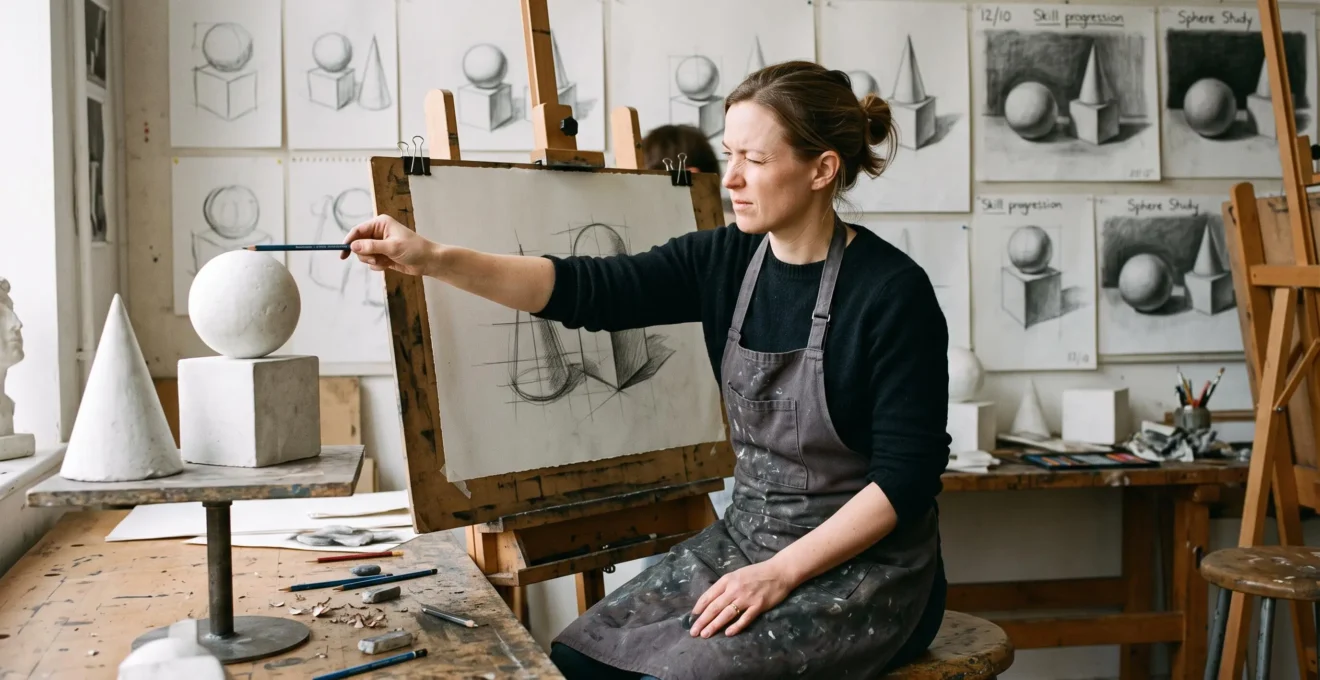 An art student measuring proportions with a pencil while drawing plaster casts at an easel in a naturally lit studio.