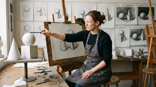 An art student measuring proportions with a pencil while drawing plaster casts at an easel in a naturally lit studio.