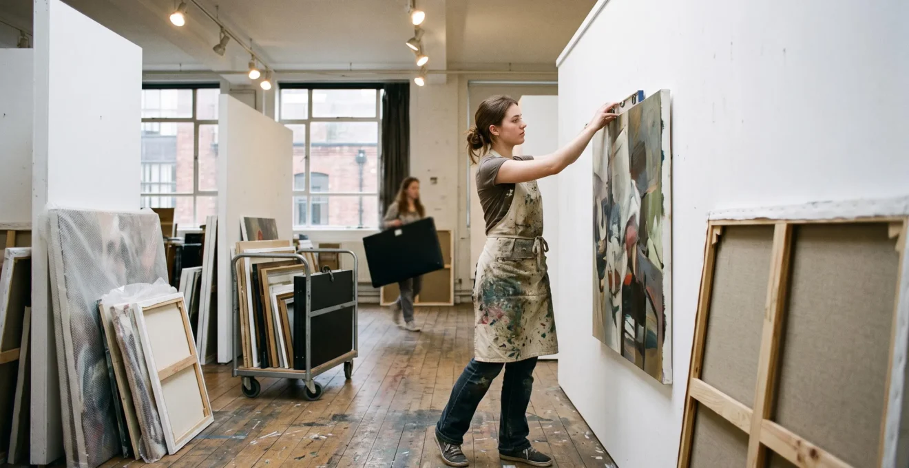 A fine art student hangs a large canvas on a gallery wall while preparing an end-of-year degree show in a school studio.