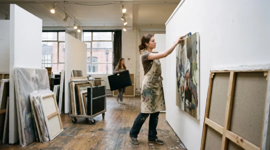 A fine art student hangs a large canvas on a gallery wall while preparing an end-of-year degree show in a school studio.