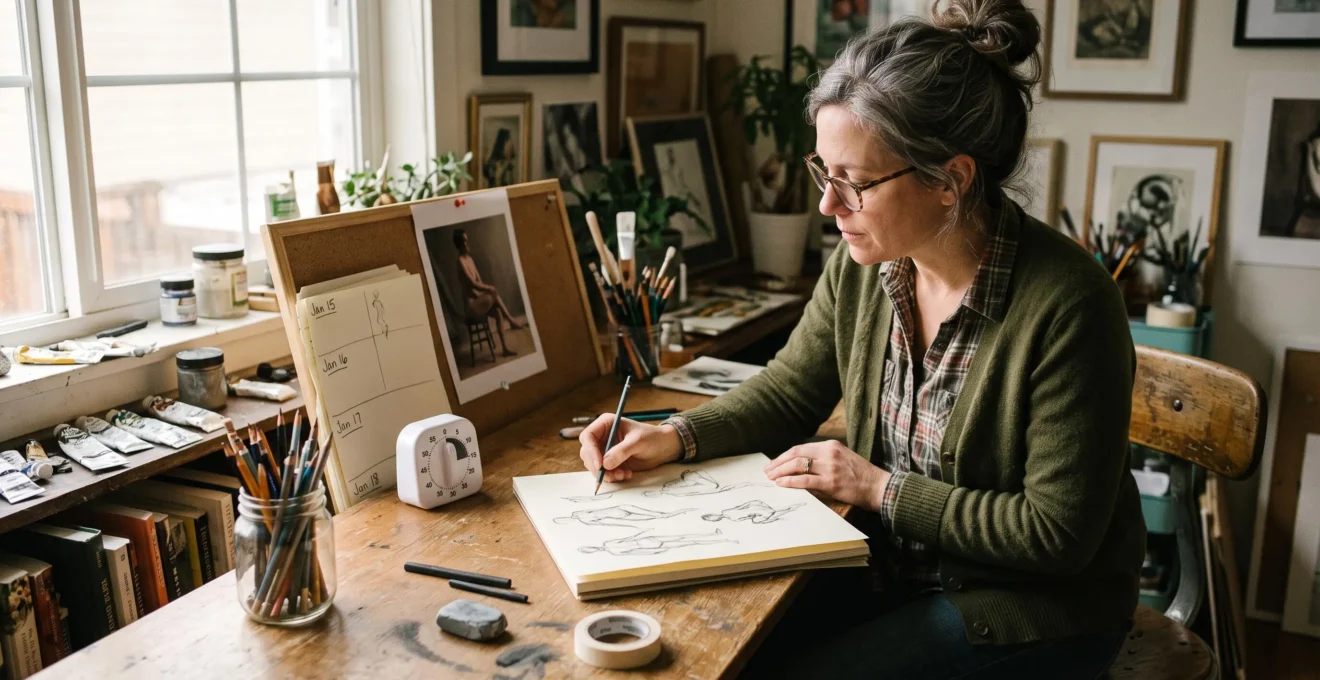 An artist sketches gesture studies at a desk with a kitchen timer and a stack of dated practice sheets nearby.