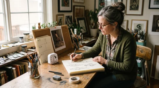 An artist sketches gesture studies at a desk with a kitchen timer and a stack of dated practice sheets nearby.