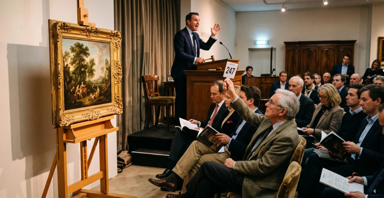 Bidders seated in an auction saleroom raise paddles while a gilded-frame classical painting is displayed under spotlights beside the auctioneer's podium.