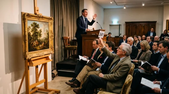 Bidders seated in an auction saleroom raise paddles while a gilded-frame classical painting is displayed under spotlights beside the auctioneer's podium.