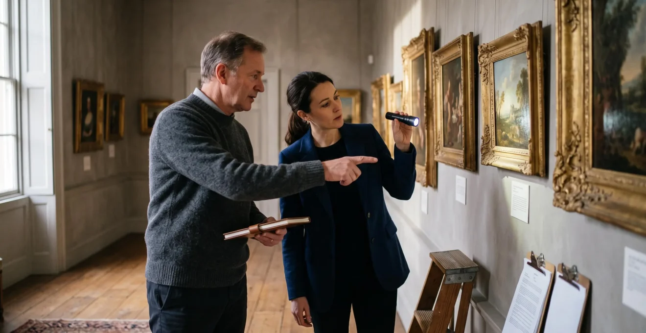 A collector and an advisor review a group of classical paintings hung in sequence in a private residence, comparing works with a dossier and a small torch.