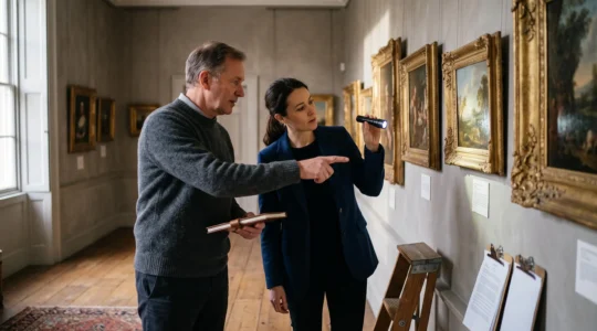A collector and an advisor review a group of classical paintings hung in sequence in a private residence, comparing works with a dossier and a small torch.