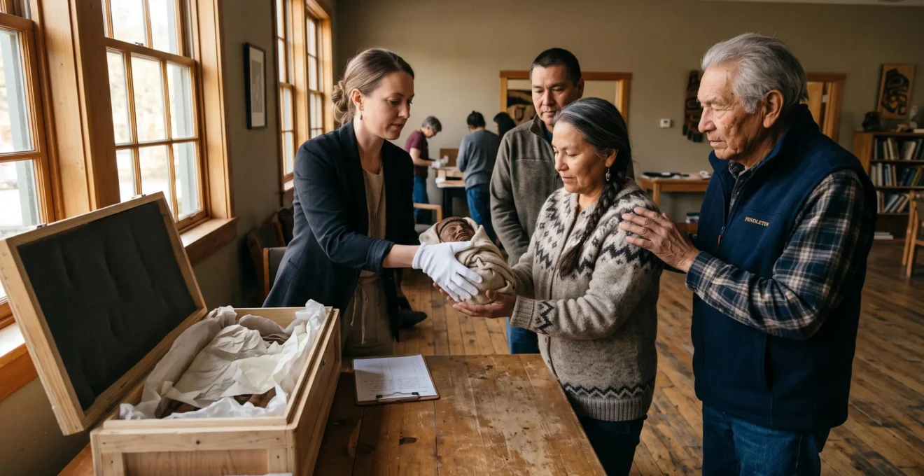 An elder and two community members receive a wrapped ceremonial object from a gloved museum registrar beside an open transport crate in a cultural center.