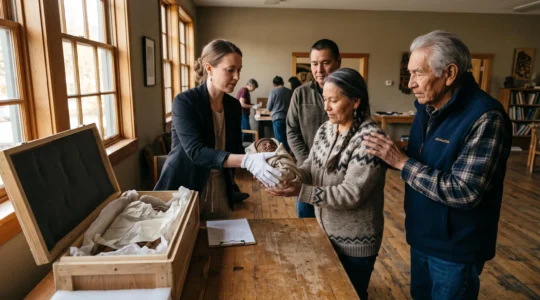 An elder and two community members receive a wrapped ceremonial object from a gloved museum registrar beside an open transport crate in a cultural center.