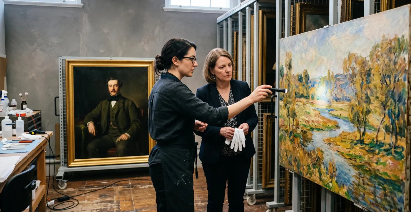 A conservator points at the brushwork of an impressionist canvas next to an academic portrait while a curator observes in a museum storage room.
