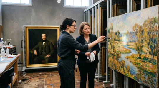 A conservator points at the brushwork of an impressionist canvas next to an academic portrait while a curator observes in a museum storage room.