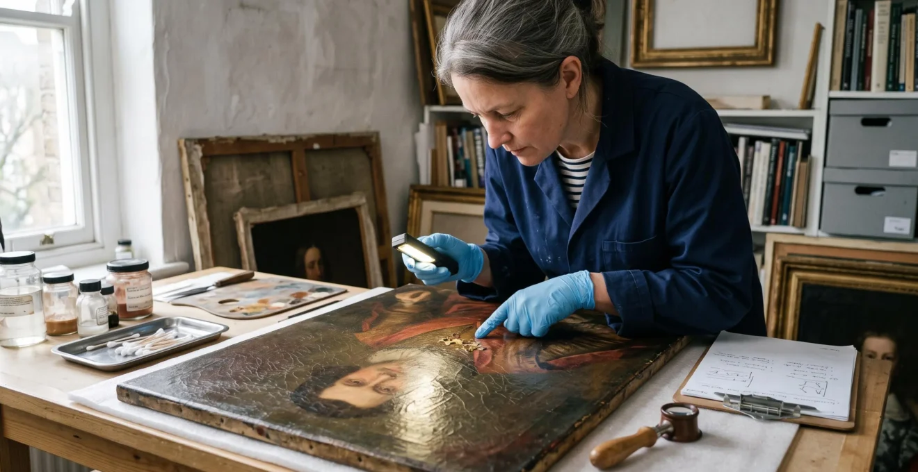 A conservator examines the surface of an old oil painting under raking light in a conservation studio, revealing cracks in the paint layer.