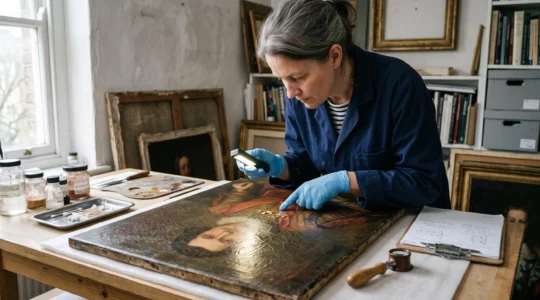 A conservator examines the surface of an old oil painting under raking light in a conservation studio, revealing cracks in the paint layer.