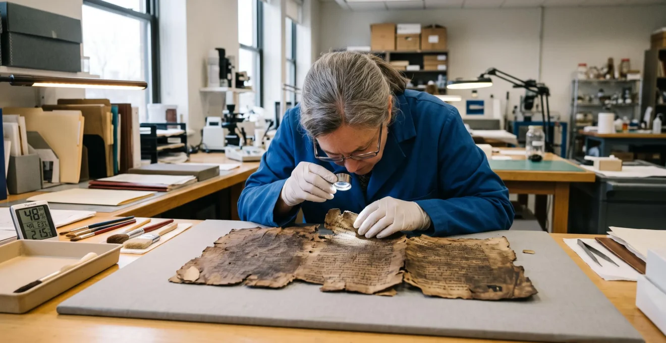 A conservator wearing white gloves examines the frayed edge of an ancient manuscript with an illuminated magnifier in a conservation laboratory.