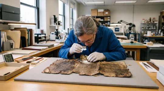 A conservator wearing white gloves examines the frayed edge of an ancient manuscript with an illuminated magnifier in a conservation laboratory.