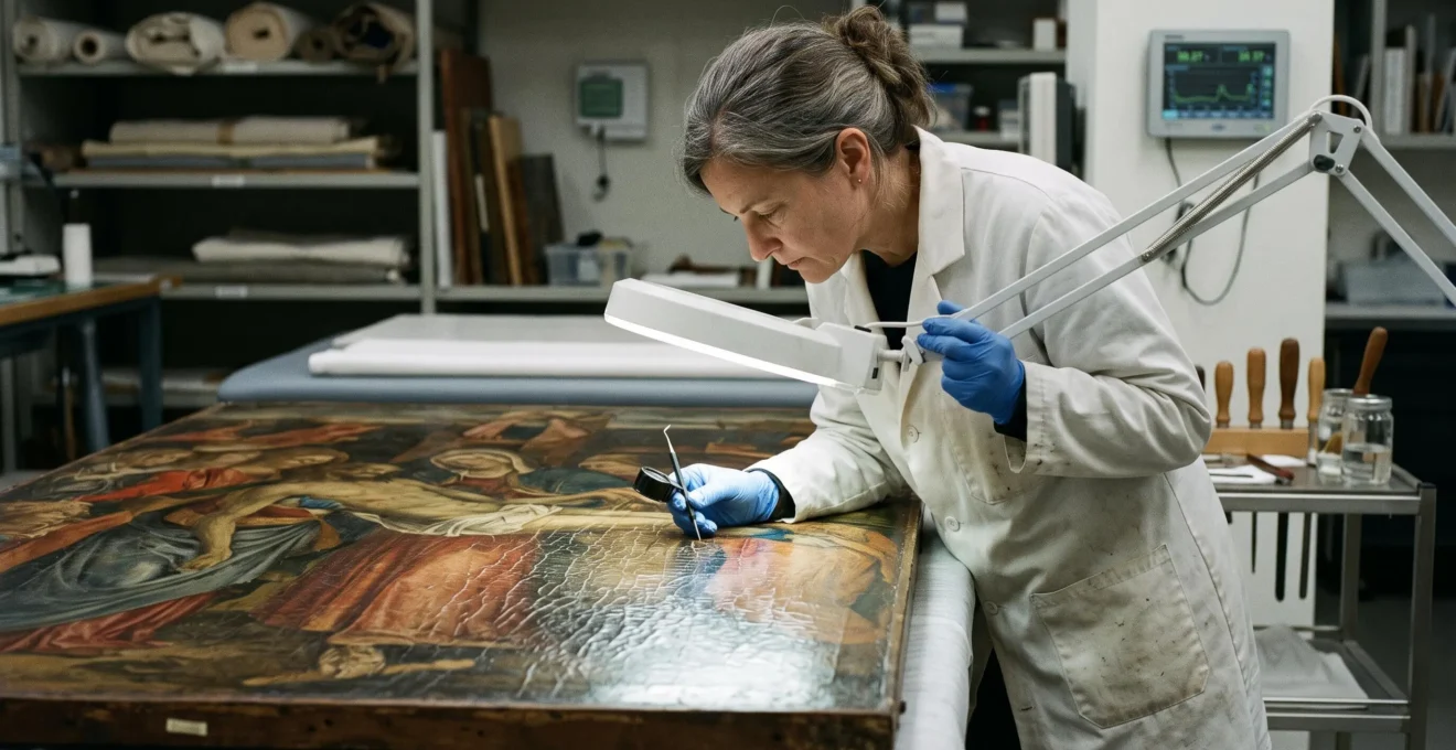 A conservator examines the cracked surface of a Renaissance panel painting under raking light in a museum conservation laboratory.