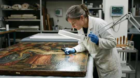 A conservator examines the cracked surface of a Renaissance panel painting under raking light in a museum conservation laboratory.