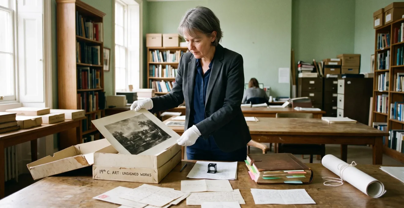 A museum curator wearing cotton gloves examines a black-and-white photograph of an unsigned painting, surrounded by archival letters and catalogues on a study table.