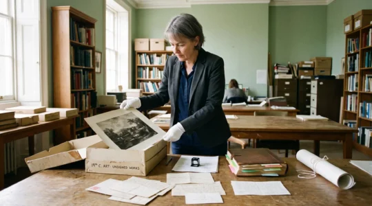 A museum curator wearing cotton gloves examines a black-and-white photograph of an unsigned painting, surrounded by archival letters and catalogues on a study table.