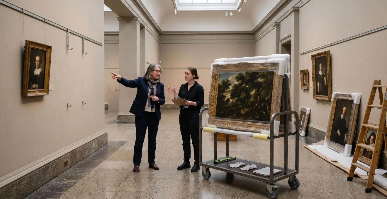 A curator and an assistant position a framed painting against a museum gallery wall during exhibition installation.
