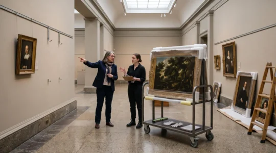 A curator and an assistant position a framed painting against a museum gallery wall during exhibition installation.