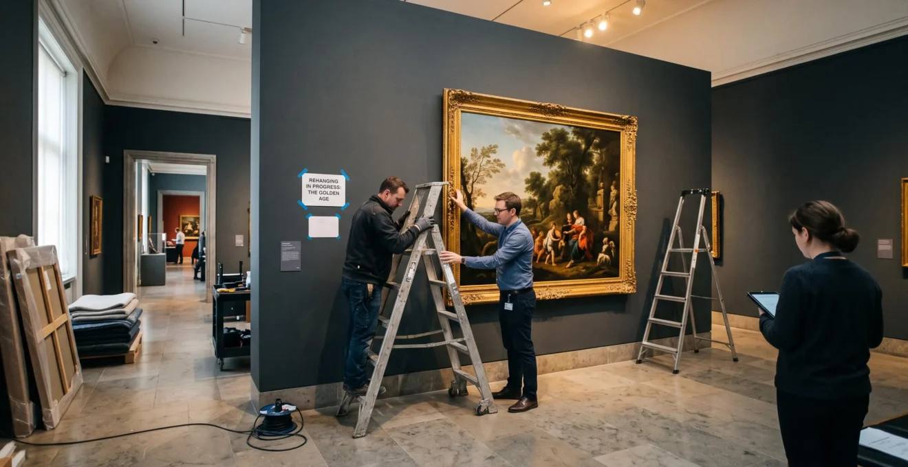 A curator and an art handler hanging a large classical painting in a museum gallery while a colleague checks the view from the visitor's path.