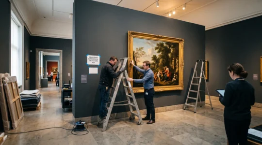 A curator and an art handler hanging a large classical painting in a museum gallery while a colleague checks the view from the visitor's path.