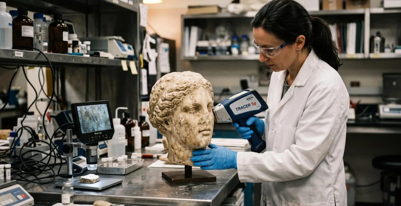 A conservation scientist uses a handheld analyzer to examine a marble statue head in an art forensics laboratory.