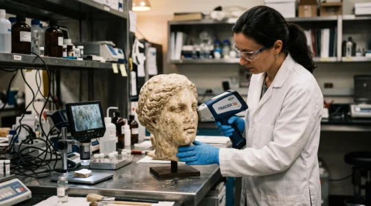 A conservation scientist uses a handheld analyzer to examine a marble statue head in an art forensics laboratory.