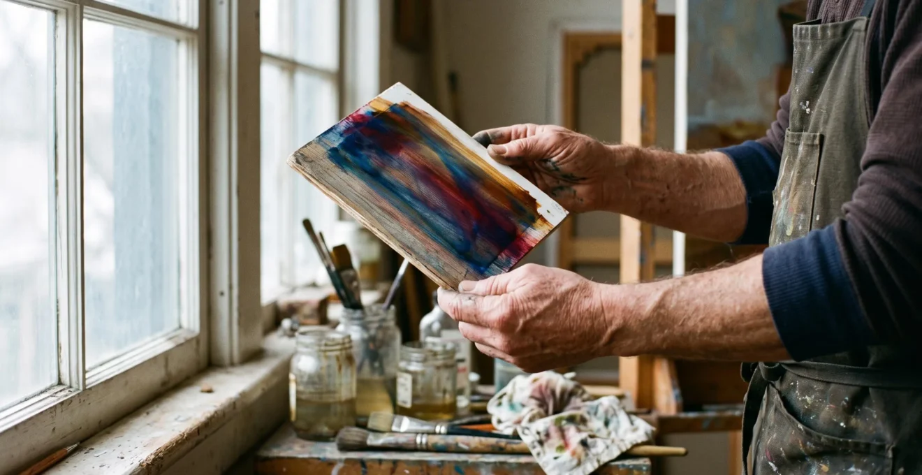 A painter tilts a glazed test panel toward window light so the transparent layers glow with internal color in a studio.