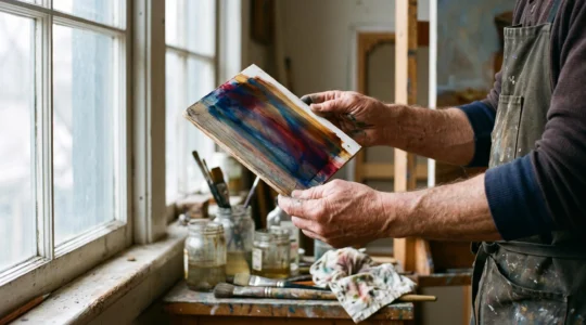 A painter tilts a glazed test panel toward window light so the transparent layers glow with internal color in a studio.