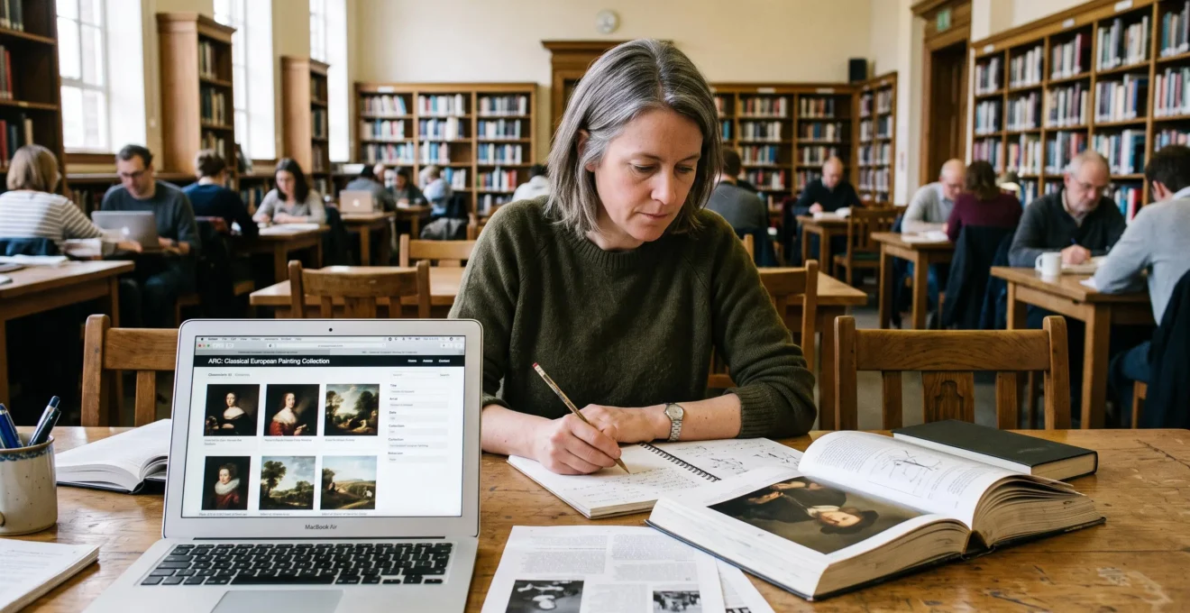 An independent researcher consults an open-access digital archive of paintings on a laptop in a public research library, taking notes beside printed catalogue pages.
