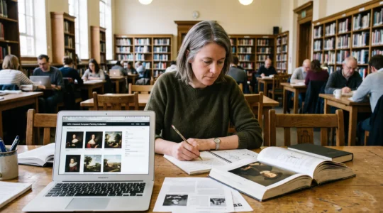 An independent researcher consults an open-access digital archive of paintings on a laptop in a public research library, taking notes beside printed catalogue pages.