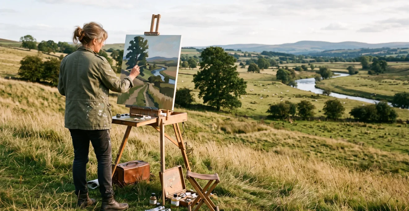 A landscape painter at a field easel translates a sprawling natural scene into an ordered composition on canvas.
