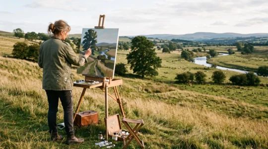 A landscape painter at a field easel translates a sprawling natural scene into an ordered composition on canvas.
