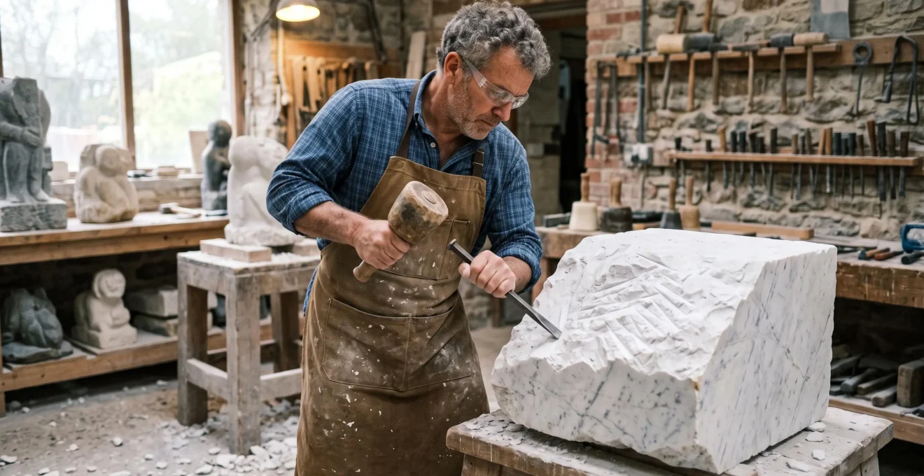 A marble carver strikes a chisel with a mallet against a partially carved marble block, controlling the force of each blow to avoid cracking the stone.