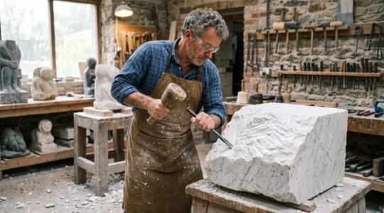 A marble carver strikes a chisel with a mallet against a partially carved marble block, controlling the force of each blow to avoid cracking the stone.