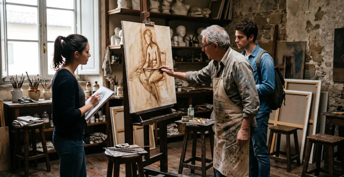 A master painter demonstrates an oil underpainting technique at an easel while two young students watch closely in a traditional atelier studio.