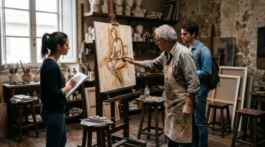 A master painter demonstrates an oil underpainting technique at an easel while two young students watch closely in a traditional atelier studio.
