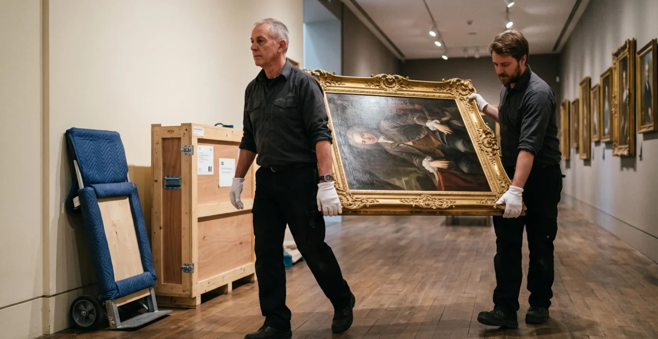Two museum art handlers in white gloves carry a large gilded-framed painting through a gallery corridor, gripping the stretcher edges at matching height.