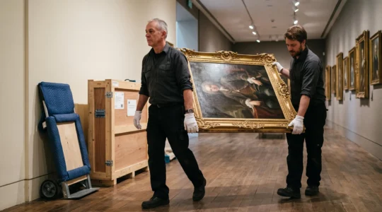 Two museum art handlers in white gloves carry a large gilded-framed painting through a gallery corridor, gripping the stretcher edges at matching height.