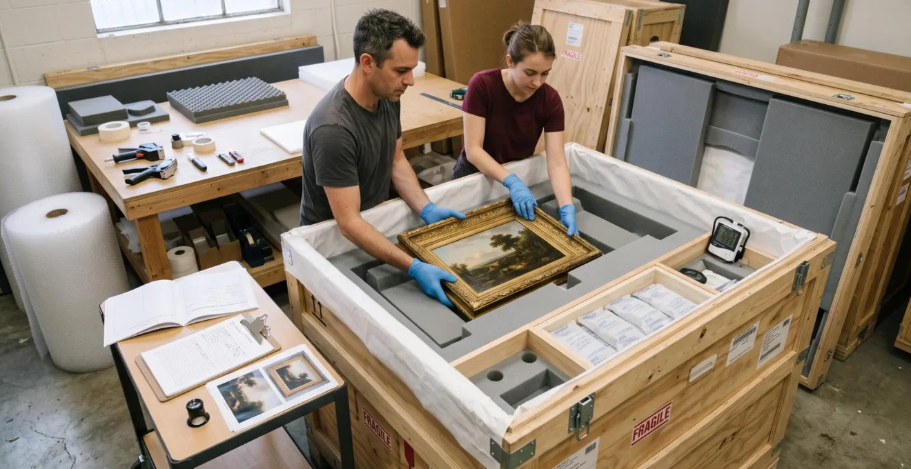 Two art handlers lowering a framed painting into a large wooden transport crate lined with Tyvek and foam in a museum packing room.