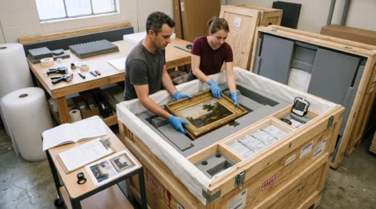 Two art handlers lowering a framed painting into a large wooden transport crate lined with Tyvek and foam in a museum packing room.